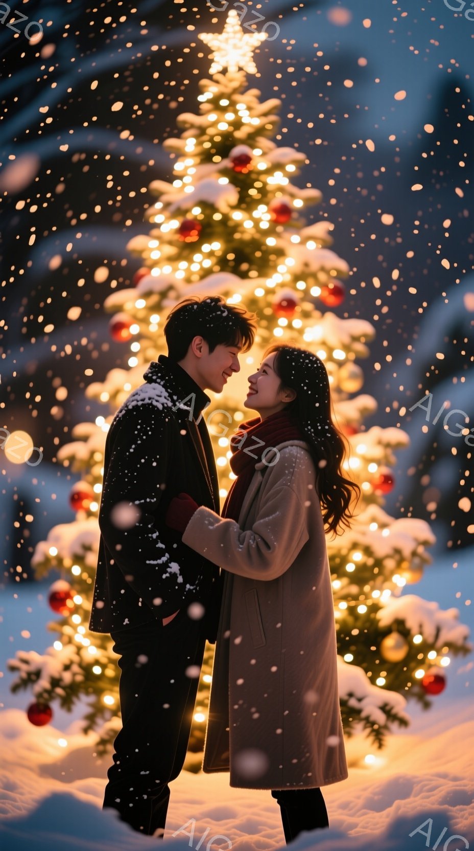 雪が降る夜に、クリスマスツリーの前でカップルが立っている。男性は黒いコートを着ており、女性はベージュのコートと赤いマフラーを身につけている。二人はお互いを見つめ、微笑んでいる。背景には雪に覆われた木々と、装飾されたクリスマスツリーがあり、雪が降っている。