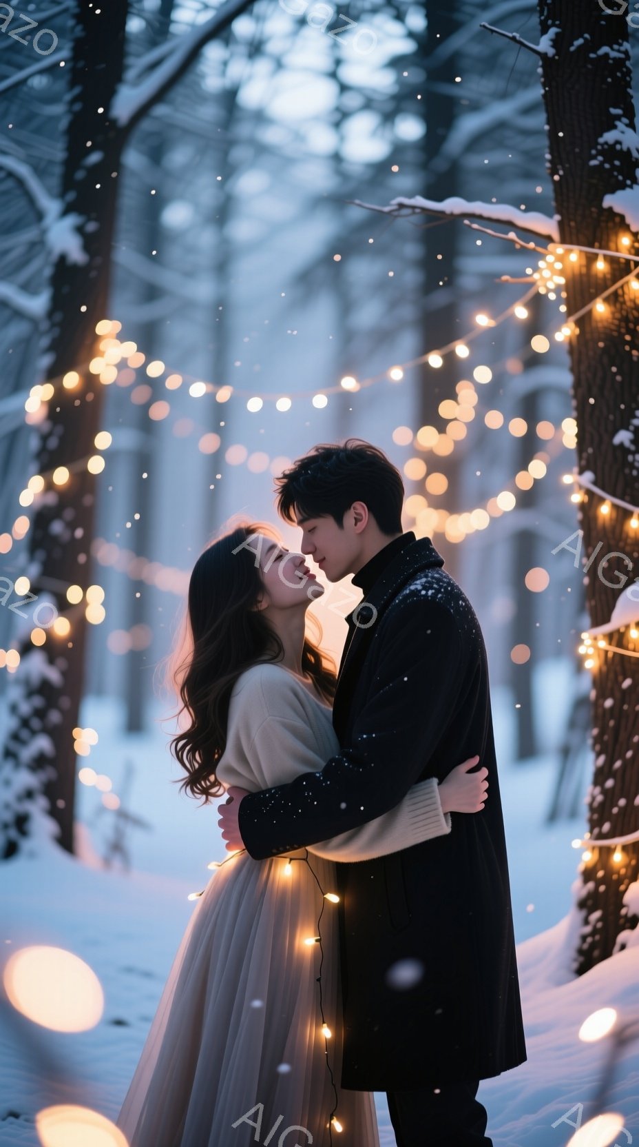 雪に覆われた森の中で、二人のカップルが抱き合っている。女性は長い黒髪で、白いセーターを着ており、男性は黒いコートを着ている。彼らの顔には愛らしさがあり、お互いを見つめている。背景には木々があり、その間に暖かい光の装飾が吊り下げられている。雪が降り、静かな冬の雰囲気が漂っている。