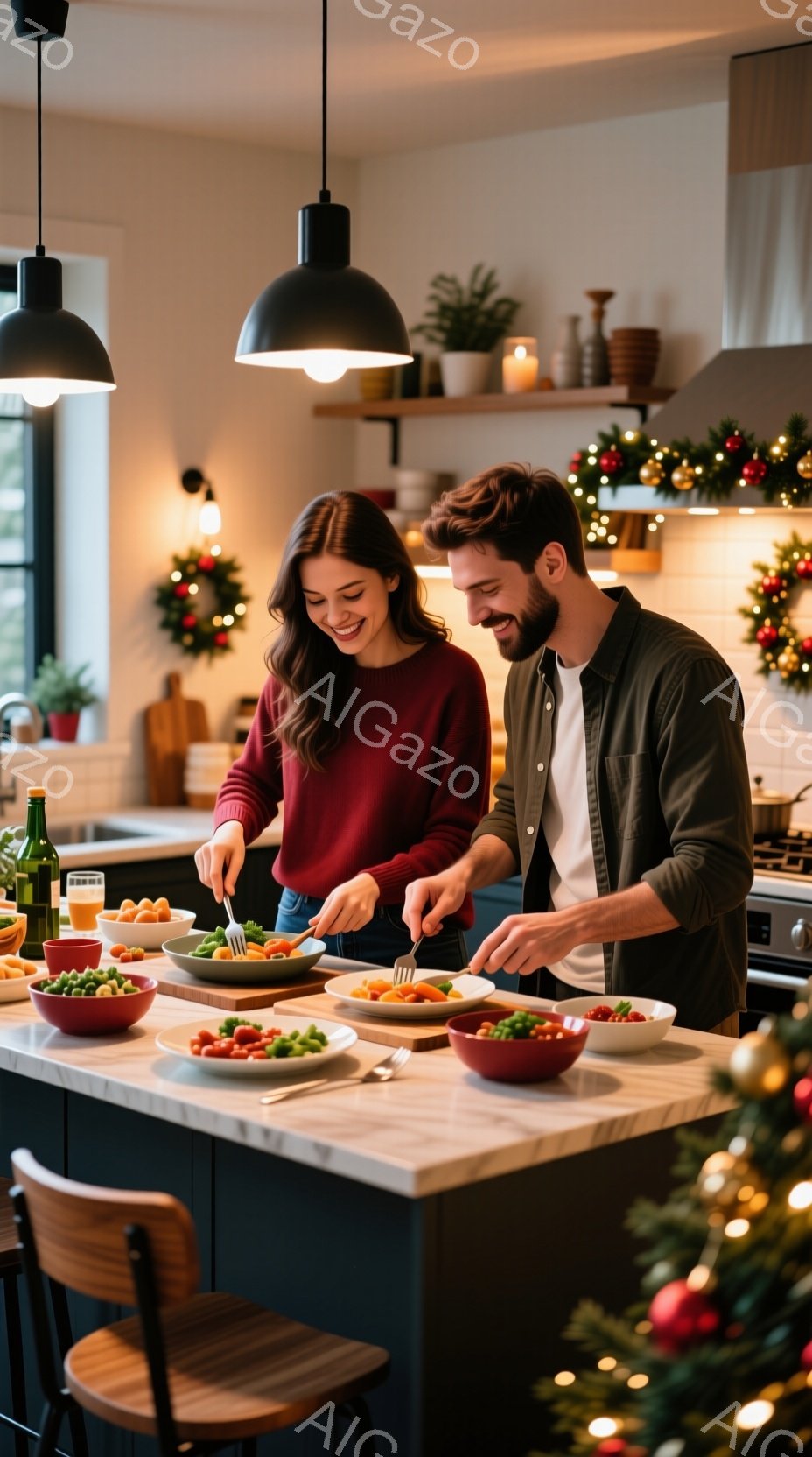 二人の男女が、クリスマスの装飾が施された明るいキッチンで料理を楽しんでいる様子が描かれています。女性は赤いセーターを着ており、髪は長くカールしています。男性はグリーンのシャツを着ており、髪は短くカールしています。二人とも笑顔で、料理に集中しています。背景にはクリスマスツリーと装飾が見え、暖かい雰囲気があります。