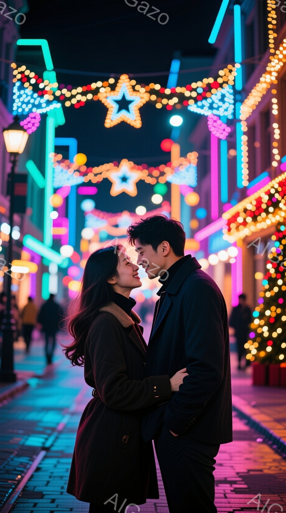 二人のカップルが、街の通りで光る装飾に囲まれて立っています。女性は長い黒髪で、黒いコートを着ており、男性は黒いジャケットを着ています。彼らはお互いを見つめ、微笑んでおり、愛情を感じさせるポーズをとっています。背景には、星形のライトや色とりどりの装飾が飾られた建物が見えます。