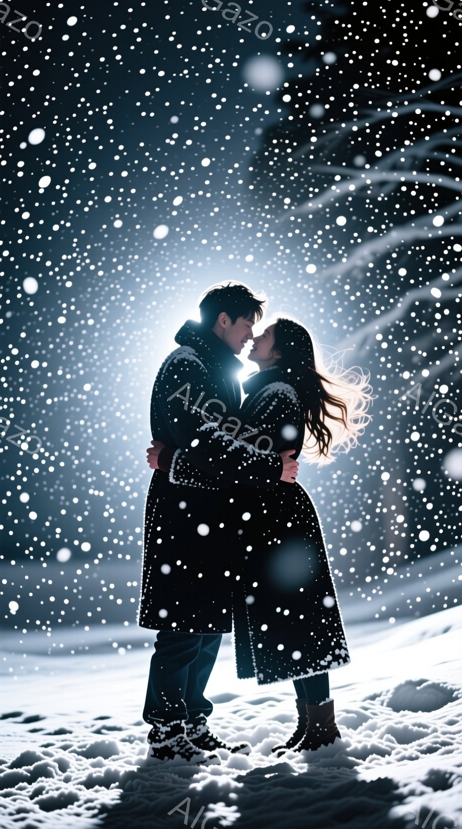 雪が降る冬の夜に、カップルが抱き合っている様子が描かれています。男性は黒いコートを着ており、女性は長い黒髪と黒いコートを身にまとい、二人とも雪に覆われています。彼らは互いに近づき、微笑んでおり、愛の感情が感じられます。背景には雪が降り、暗い空が広がっています。