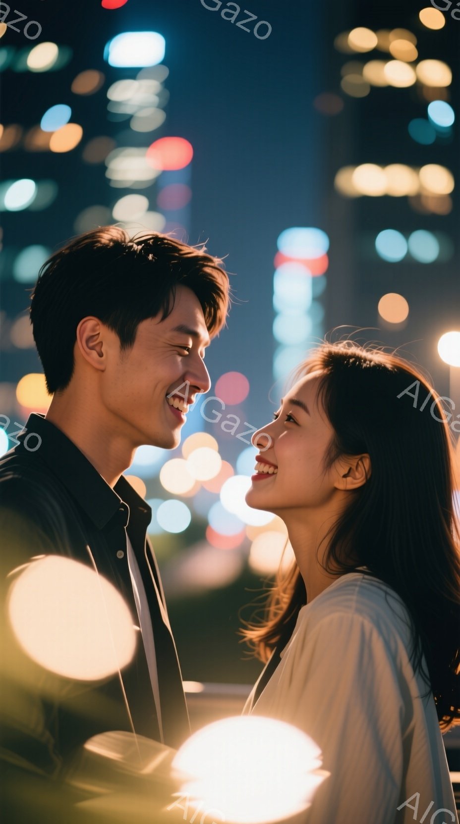 二人の若者が夜の街灯の光に照らされて微笑んでいます。男性は黒いシャツを着ており、女性は白いブラウスを着ています。髪は短く、女性の髪は長く垂れています。背景にはぼんやりとした高層ビルがあり、街の夜景が見えます。