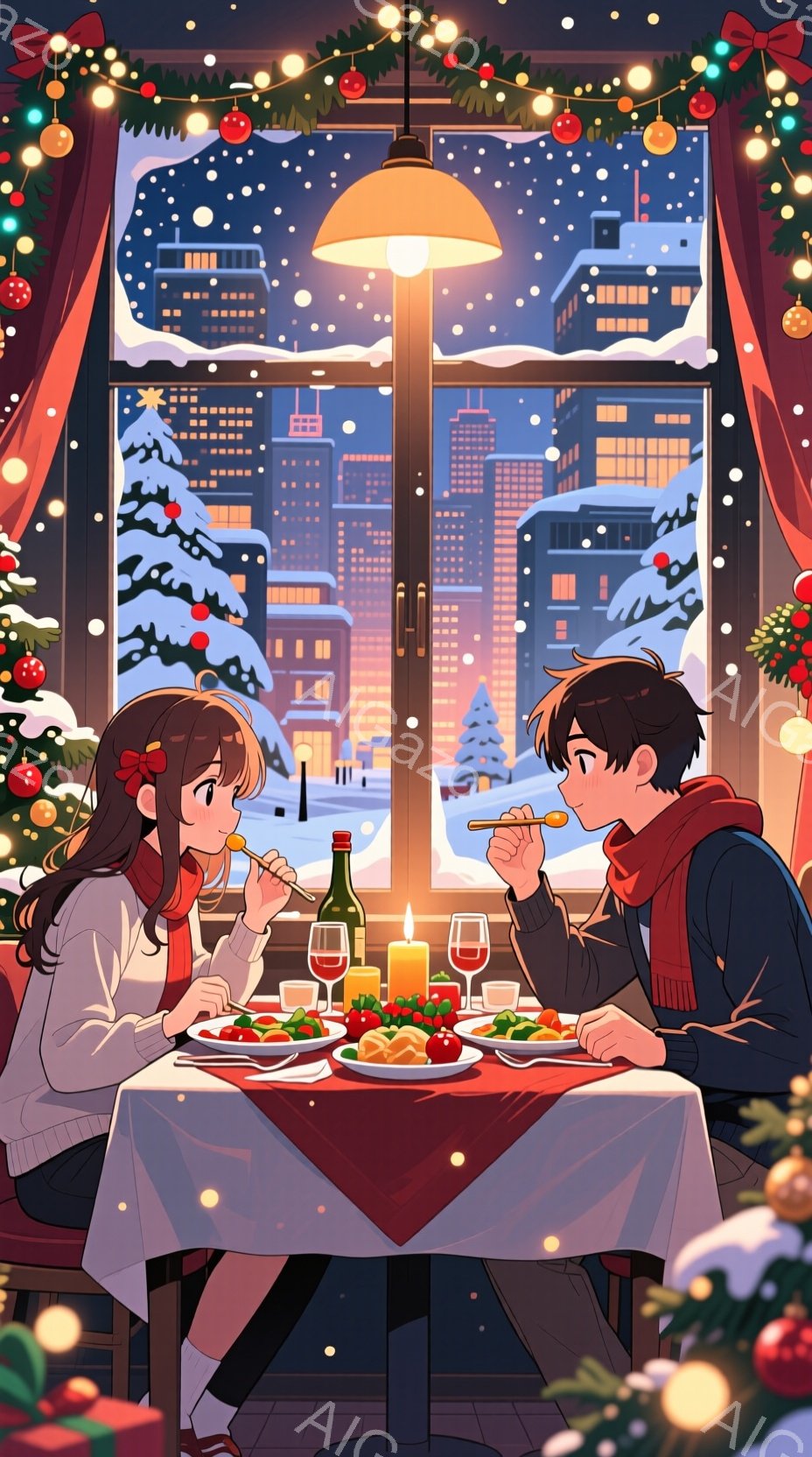 イラストの背景には雪が降る夜の街が描かれており、窓の外には雪が積もった木々と街の建物が見えます。室内には赤いカーテンとクリスマスツリーがあり、テーブルには赤いテーブルクロスが敷かれています。二人のキャラクターが食事を楽しんでおり、女性は赤いリボンをつけた長い髪で、男性は赤いスカーフを巻いています。二人とも笑顔で、食事を楽しんでいる様子です。