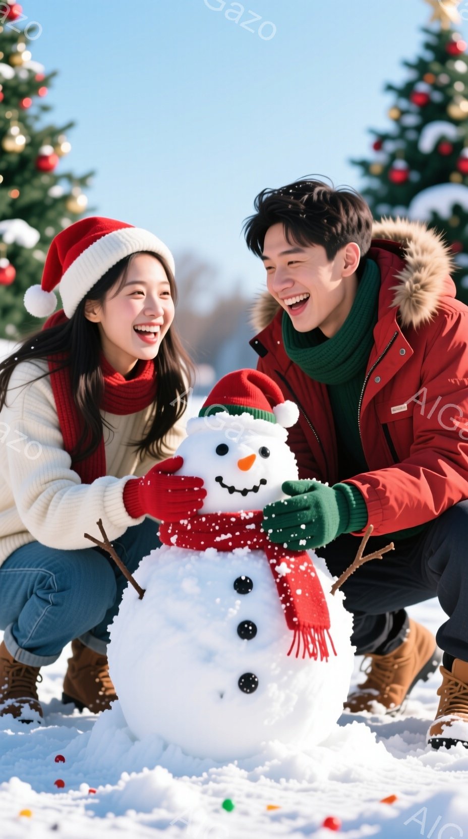 二人の若者が雪だるまを作っている様子が描かれています。女性は赤いサンタ帽をかぶり、白いセーターと青いジーンズを着ており、男性は赤いジャケットと緑のスカーフを身にまとい、両者は雪だるまの顔を描いています。背景にはクリスマスツリーが見え、雪が積もった景色が広がっています。