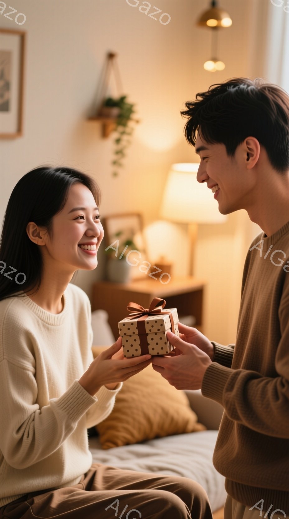二人のカップルが部屋の中で贈り物を交換している様子が描かれています。女性は白いセーターを着ており、髪は長く黒く、笑顔で喜んでいる表情をしています。男性は茶色のセーターを着ており、女性に贈り物を渡す仕草をしています。背景にはベッドと照明があり、室内の雰囲気は暖かく、落ち着いた感じです。