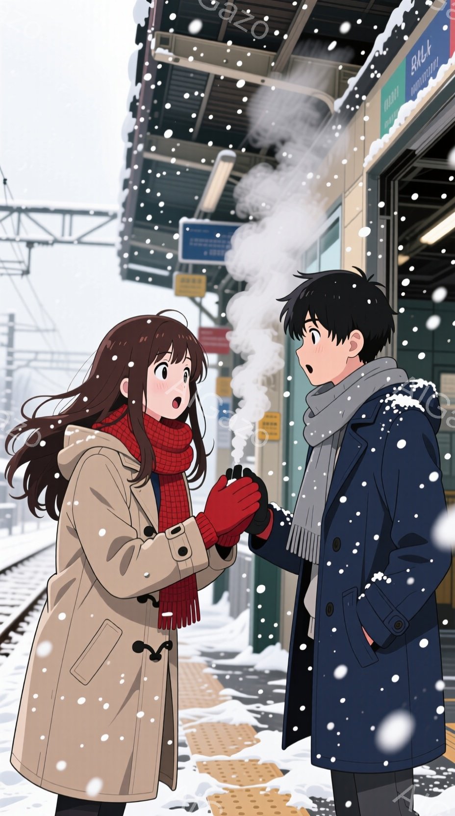 雪が降る駅のホームで、二人のキャラクターが手を握り合っている。女性は長い茶色の髪と赤いマフラーを身につけ、驚いた表情をしている。男性は黒い髪で、青いコートとグレーのスカーフを着ており、女性の手を握り返している。背景には駅の建物があり、雪が積もっている。空気は寒く、雪が降っている。