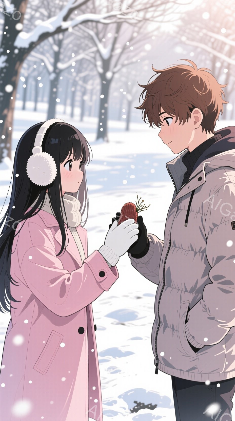 雪景色の中で、女性はピンクのコートと白い耳当てを着用し、男性は灰色のジャケットを着ています。女性は手袋をはめ、男性は手袋をはめていない。二人は互いに近づき、女性が男性に何かを渡そうとしている様子です。背景には雪が積もった木々が見え、静かな冬の公園の雰囲気が漂っています。
