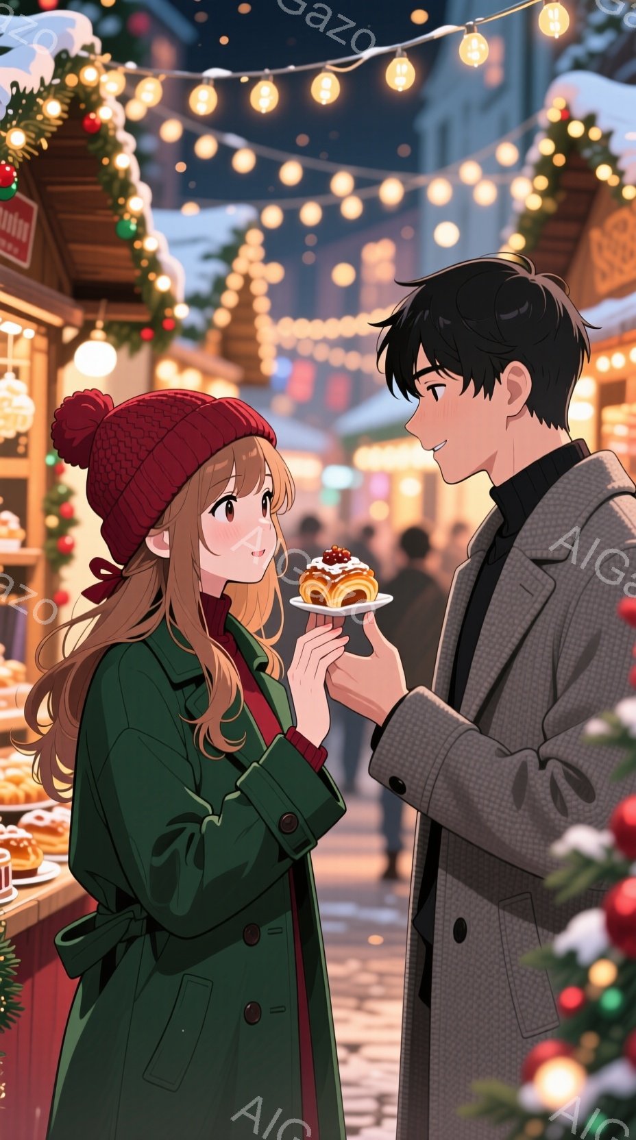 赤いニット帽をかぶった女性と、グレーのコートを着た男性がクリスマス市で向き合っている。女性は緑のコートを着ており、手には甘い菓子を持っており、笑顔で男性を見つめている。男性は女性の表情を見つめ、少し微笑んでいる。背景には雪が積もった木々や、クリスマスの装飾が施された建物があり、夜の空には暖かい色のランプが点在している。