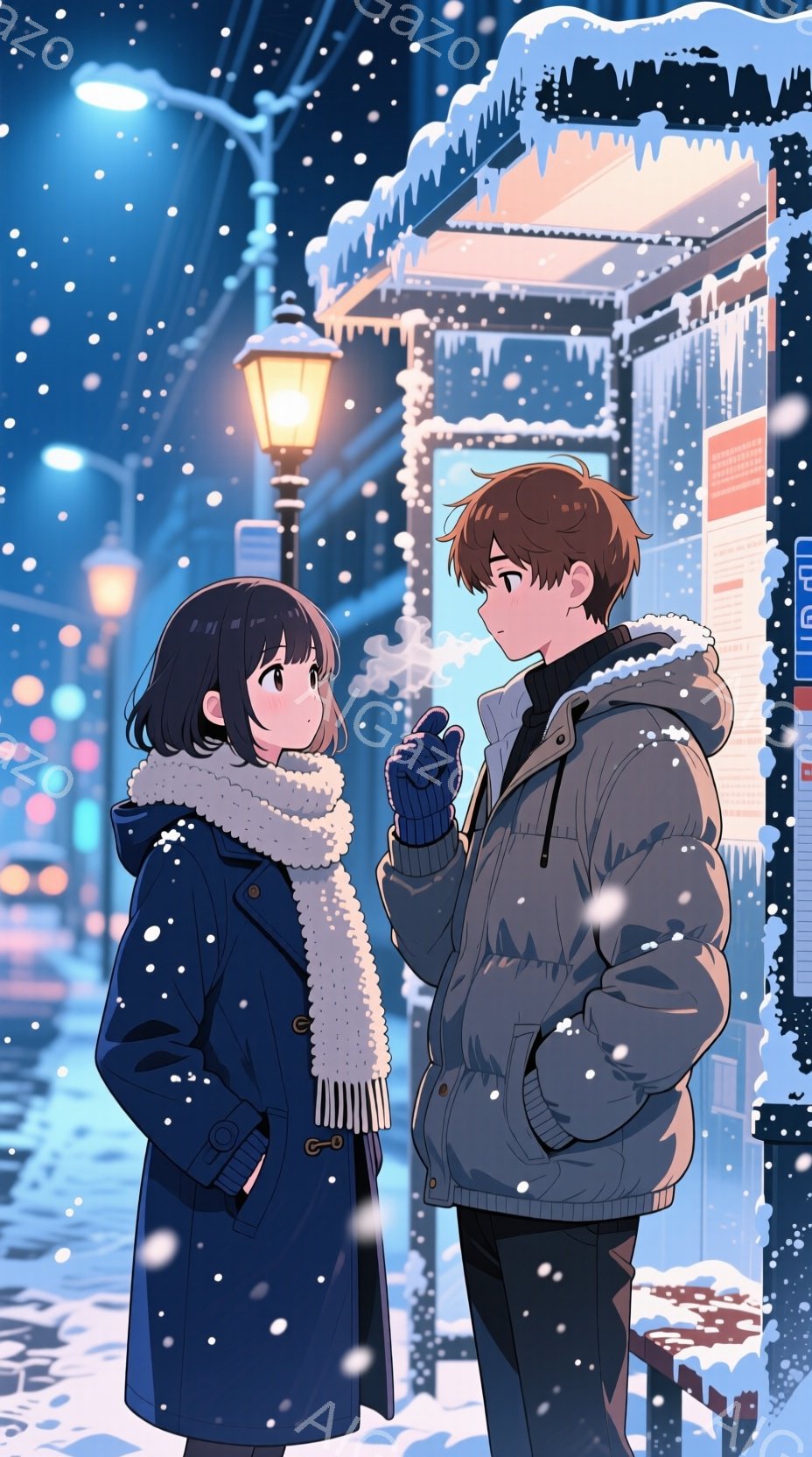 雪が降る夜の街角で、二人のキャラクターが会話をしている様子が描かれています。女性は長い黒髪で、青いコートと白いフード付きのスカーフを着用し、男性は茶色の髪で、灰色のフード付きジャケットを着ています。二 - AI生成フリー素材