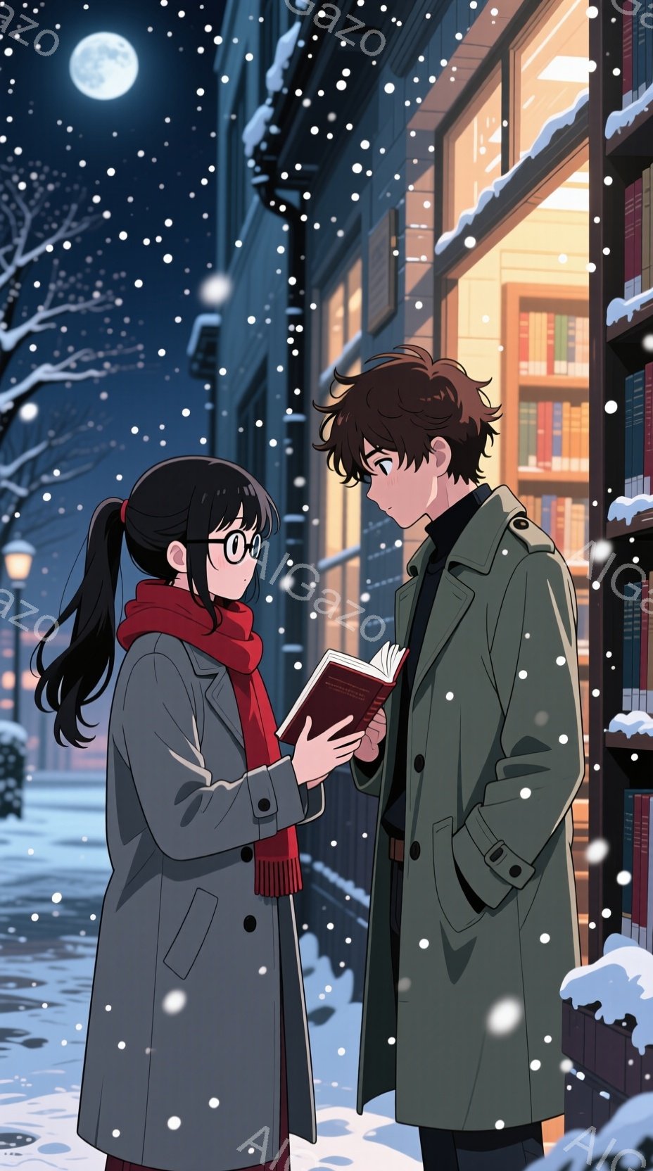 雪が降る冬の夜、二人のキャラクターが街角で会話をしている様子が描かれています。女性は黒い髪をポニーテールにまとめ、赤いスカーフを巻いており、眼鏡をかけています。男性は茶色の髪で、緑色のコートを着ています。女性は本を手に持ち、男性と向き合って話しているようです。背景には雪に覆われた建物と街灯があり、夜空には満月が浮かんでいます。