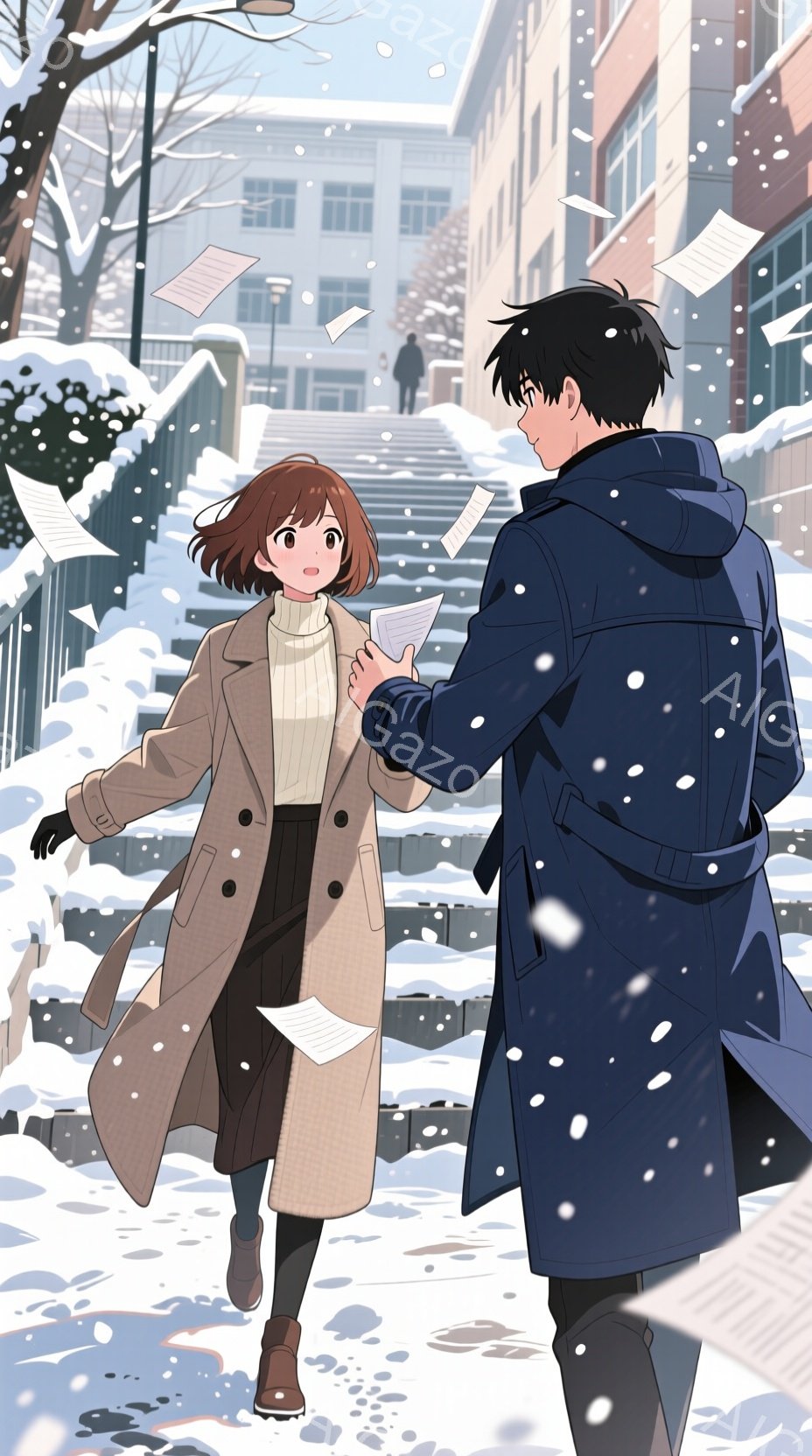 雪が降る冬の街角で、二人のキャラクターが会話をしている様子が描かれています。女性は茶色のロングコートと白いセーターを着ており、短い茶色の髪を肩に垂らしています。男性は青いロングコートを着ており、黒い髪を背中で束ねています。女性は驚いた表情をしており、男性は彼女に何かを説明しようとしているように見えます。背景には雪に覆われた木々や建物が見え、雪が舞い散る中で二人が会話をしている雰囲気があります。