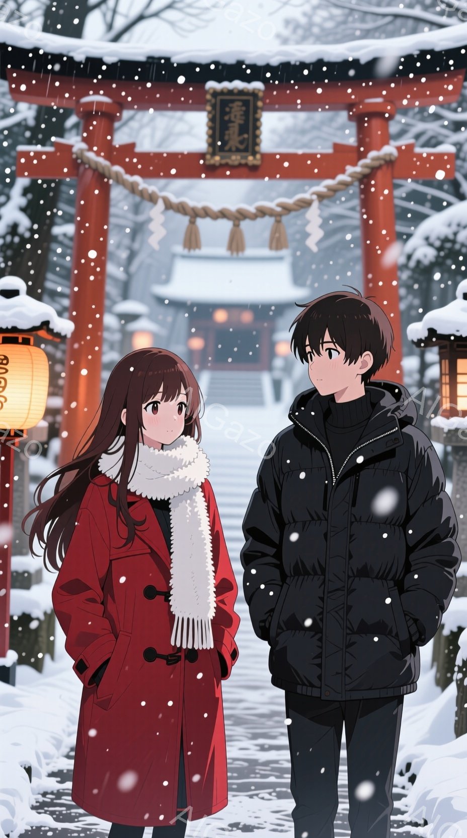 雪が降る冬の日に、赤い鳥居の前に立つ二人のキャラクターが描かれています。女性は長い茶色の髪を持ち、赤いコートと白いフード付きのスカーフを着用し、優しい表情をしています。男性は黒いジャケットを着ており、手をポケットに突っ込んでいます。背景には雪に覆われた木々と、赤い鳥居が見えます。
