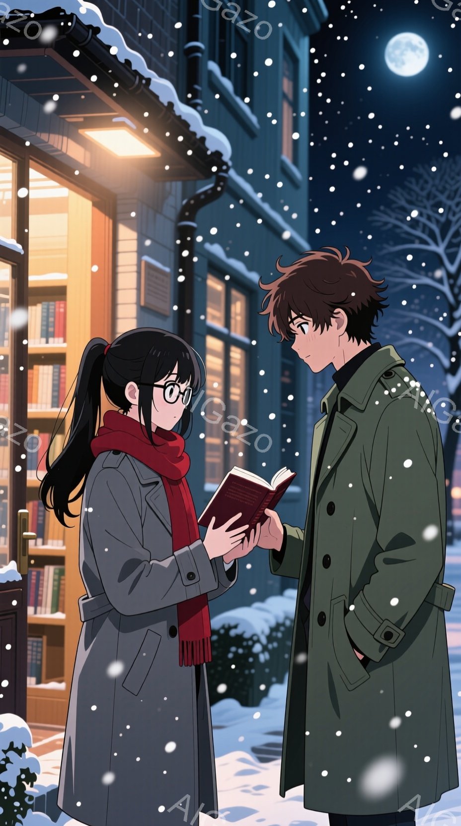 雪が降る夜の街角で、女性が本を読んでいる。彼女は黒髪で、メガネをかけており、赤いスカーフを巻いている。男性は彼女に本を渡そうとしている。男性は茶色の髪で、緑色のコートを着ている。背景には雪に覆われた建物と木々があり、月が空に浮かんでいる。