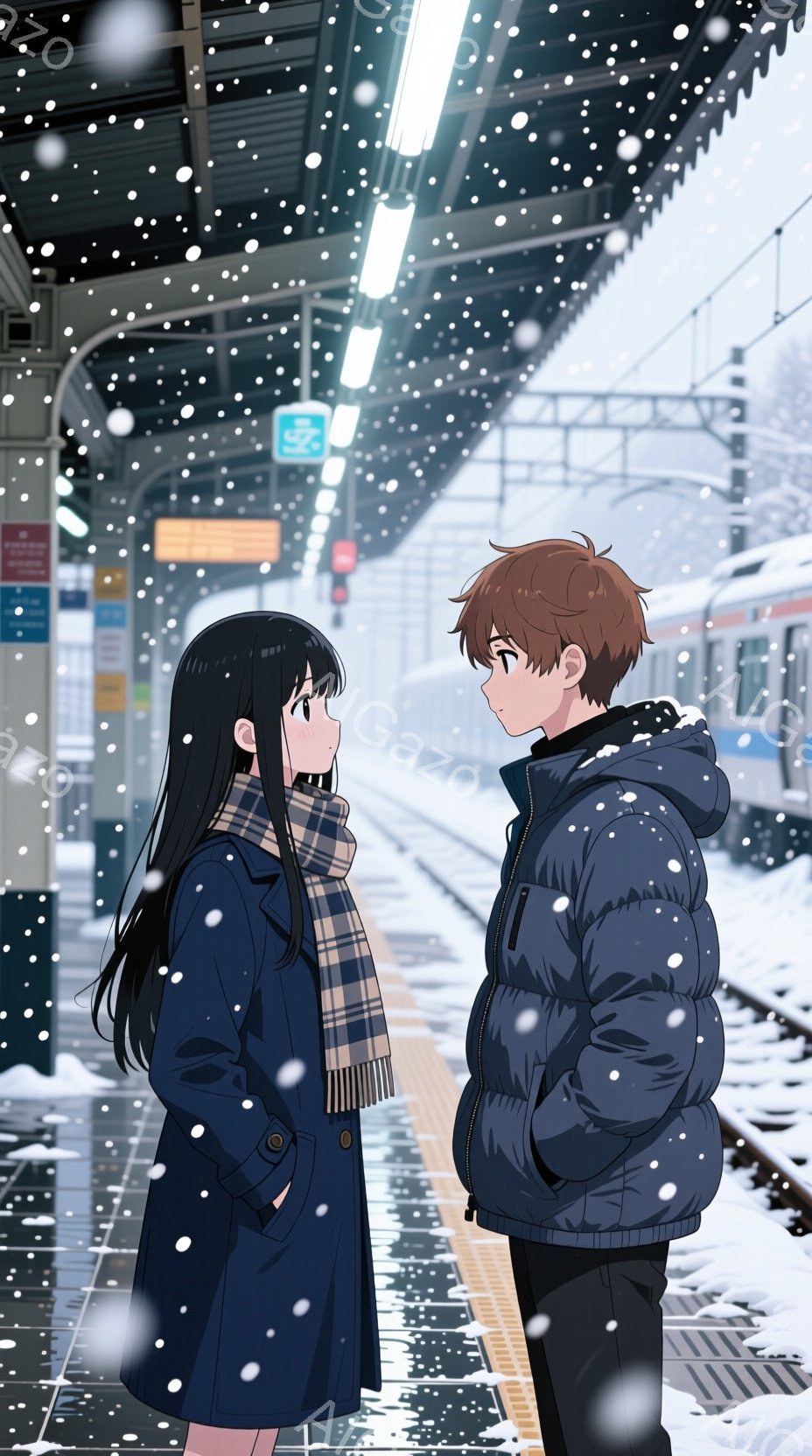 雪が降る駅のプラットフォームで、二人のキャラクターが向かい合って立っています。女性は長い黒髪で、青いコートとチェック柄のスカーフを着ており、男性は茶色の髪で、青いフード付きジャケットを着ています。二人とも微笑んでおり、互いに近づいて話している様子です。背景には雪に覆われた木々と、雪が降る中で光る電車が見えます。
