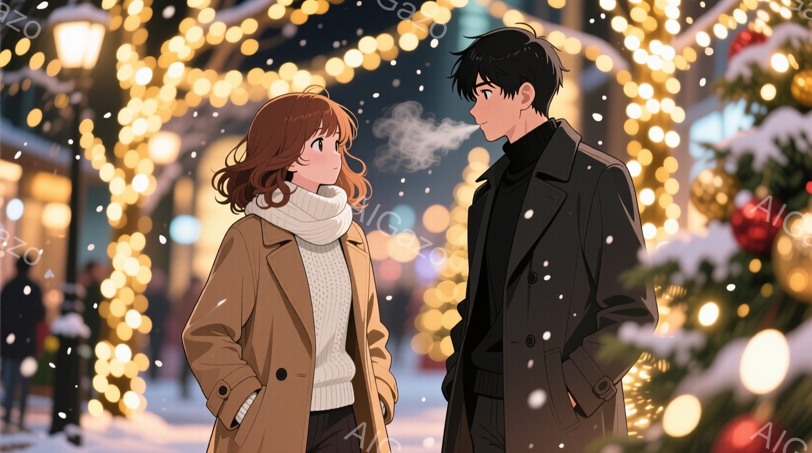 二人のキャラクターが雪が降る夜の街並みに立っている。女性は茶色の髪で、白いセーターとベージュのコートを着ており、男性は黒い髪で、黒いコートを着ている。背景には街灯と装飾された木があり、雪が降っている。二人は互いに向き合っており、女性は男性を見つめている表情で、男性は女性を見つめている。