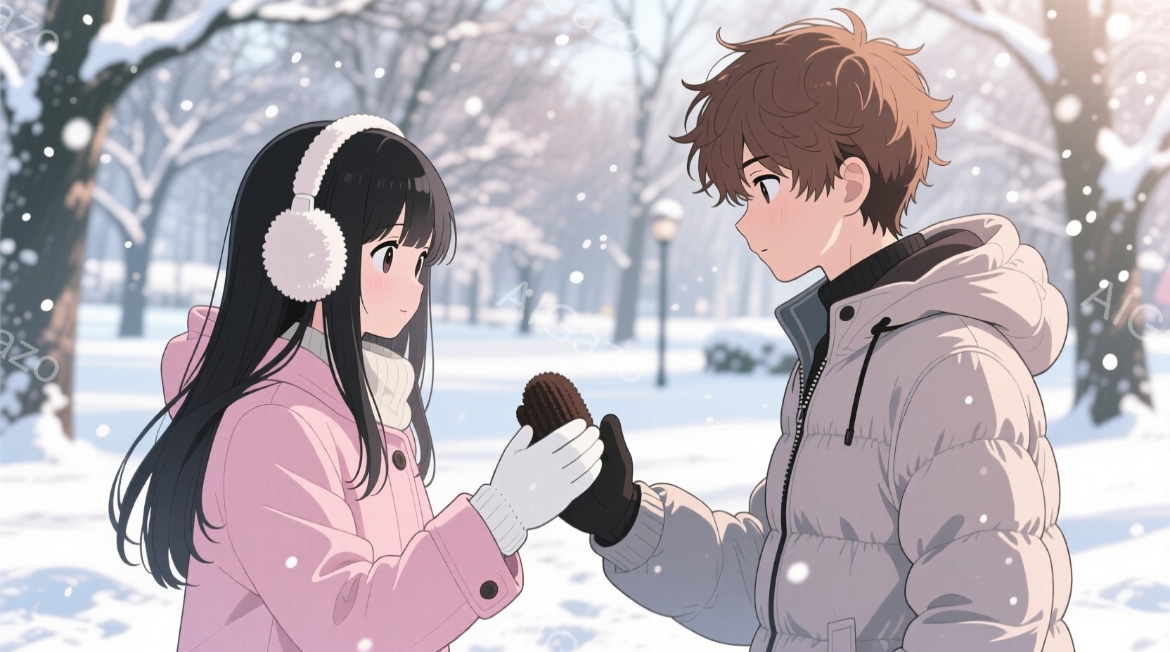 雪景色の中で、二人のキャラクターが会話をしている様子が描かれています。女性キャラクターは長い黒髪で、白い耳当てとピンクのコートを着ており、手袋をはめています。男性キャラクターは茶色の髪で、白いフード付きのジャケットを着ています。二人はお互いを見つめながら、手に持ったチョコレートクッキーを交換するような仕草をしています。背景には雪に覆われた木々と街灯があり、静かな冬の公園の雰囲気が漂っています。