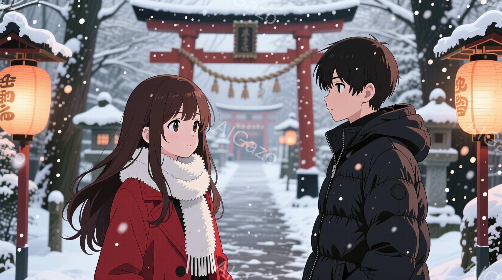 雪が降る冬の公園で、赤いコートを着た女性と黒いジャケットを着た男性が対面している。女性は長い茶色の髪と白いスカーフを身につけ、男性は黒い髪で、二人とも静かに会話をしているように見える。背景には雪に覆われた木々と赤い鳥居があり、提灯が点在している。