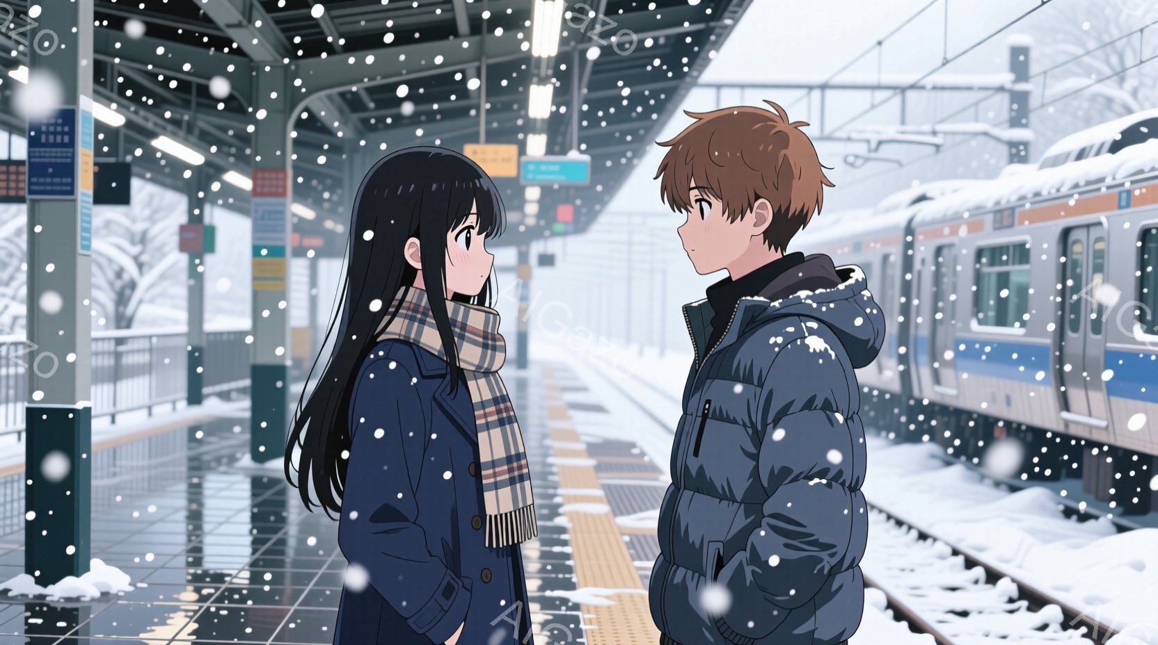 雪が降る駅のプラットフォームで、二人のキャラクターが会話をしている様子が描かれています。女性キャラクターは長い黒髪で、チェック柄のスカーフを巻き、青いコートを着ています。男性キャラクターは茶色の髪で、フード付きの青いジャケットを着ています。二人は互いに向き合っており、女性キャラクターは男性キャラクターを見つめ、男性キャラクターは女性キャラクターを見つめています。背景には雪に覆われた木々と、雪が降る中で静かに停車している電車が見えます。