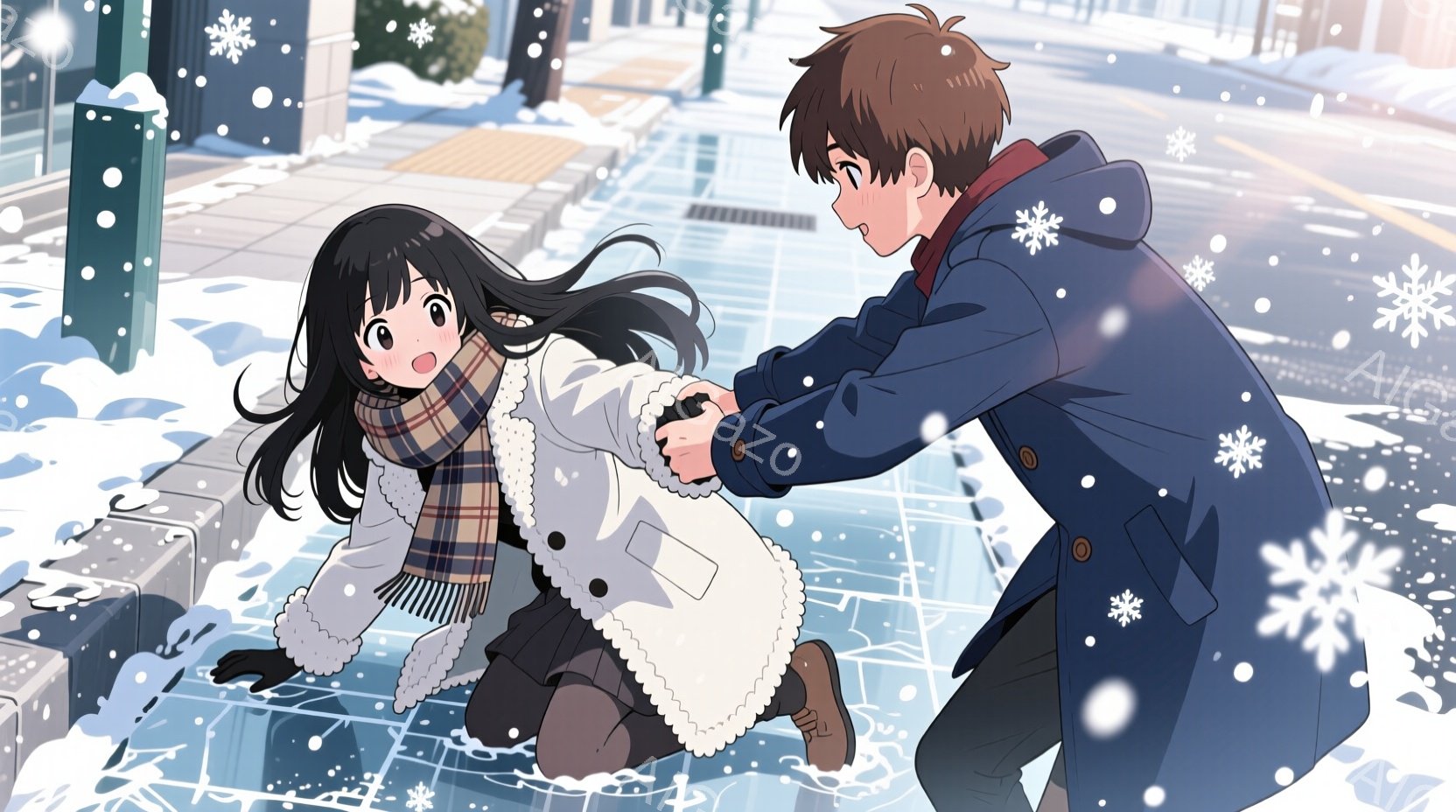 雪が降る冬の街角で、女性が男性の手を握りながら滑り落ちようとしている。女性は長い黒髪と白いフード付きコートを着ており、驚いた表情をしている。男性は青いコートを着ており、女性を助けるために彼女の手を握っ - AI生成フリー素材