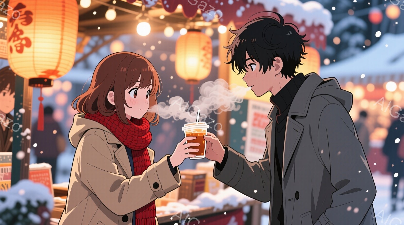 二人のキャラクターが雪の降る夜の屋台で、お互いに飲み物を手渡している様子が描かれています。女性は茶色の髪で、赤いスカーフとベージュのコートを着ており、笑顔で男性を見ています。男性は黒い髪で、黒いジャケットを着ており、女性に微笑んでいます。背景には提灯が吊り下げられ、雪が降っている様子が描かれています。
