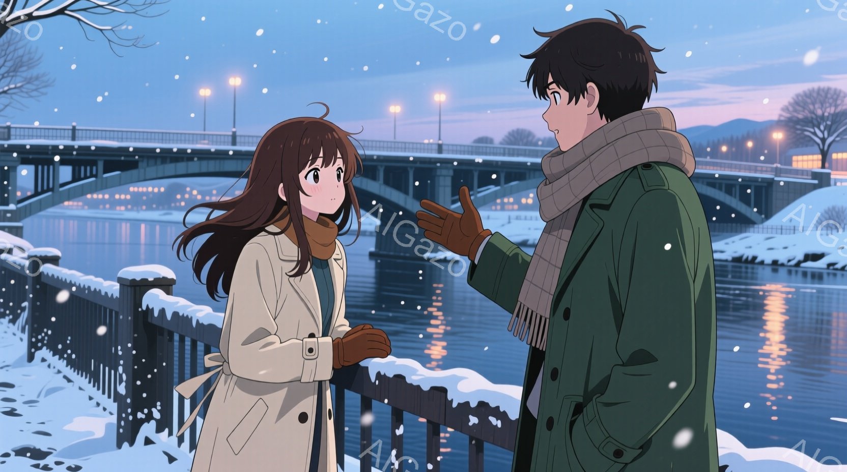左側の女性は長い茶色の髪を流し、白いコートと茶色のマフラーを着ています。彼女の表情は少し驚いたようなもので、右側の男性を見つめています。男性は黒い髪で、緑色のコートとグレーのマフラーを着ており、手を広げて何かを説明しているように見えます。背景には雪が積もった橋と川があり、遠くには山々が見えます。空は薄い青色で、雪が降っている様子が描かれています。
