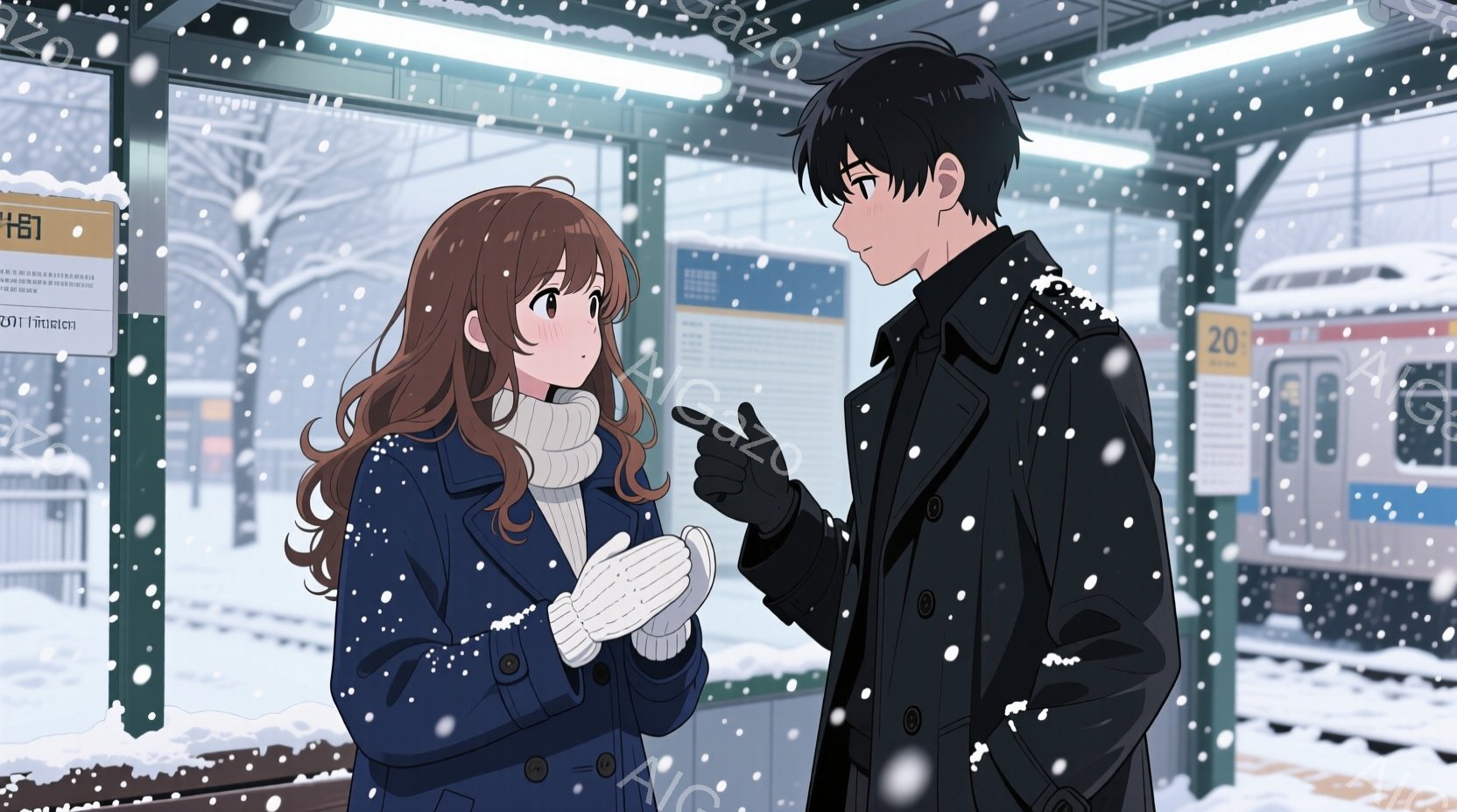 雪が降る駅のホームで、二人のキャラクターが会話をしている様子が描かれています。女性は長い茶色の髪と青いコートを着ており、手袋をはめて手を暖めています。男性は黒いコートを着ており、女性の話を聞いているように見えます。背景には雪に覆われた木々と、雪が降る中で静かに停車している電車が見えます。