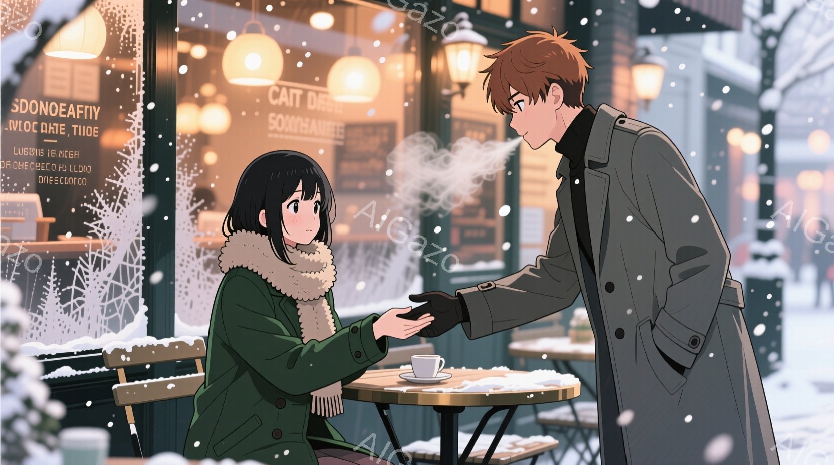 雪が降る冬の街角で、二人のキャラクターがカフェの外で会話をしている様子が描かれています。女性は黒髪で、緑色のコートに白いファーの襟をつけており、男性は茶色の髪で、灰色のコートを着ています。女性は微笑んでおり、男性は彼女の手を握っています。背景には雪が積もった木々や建物があり、カフェの窓には雪がついています。