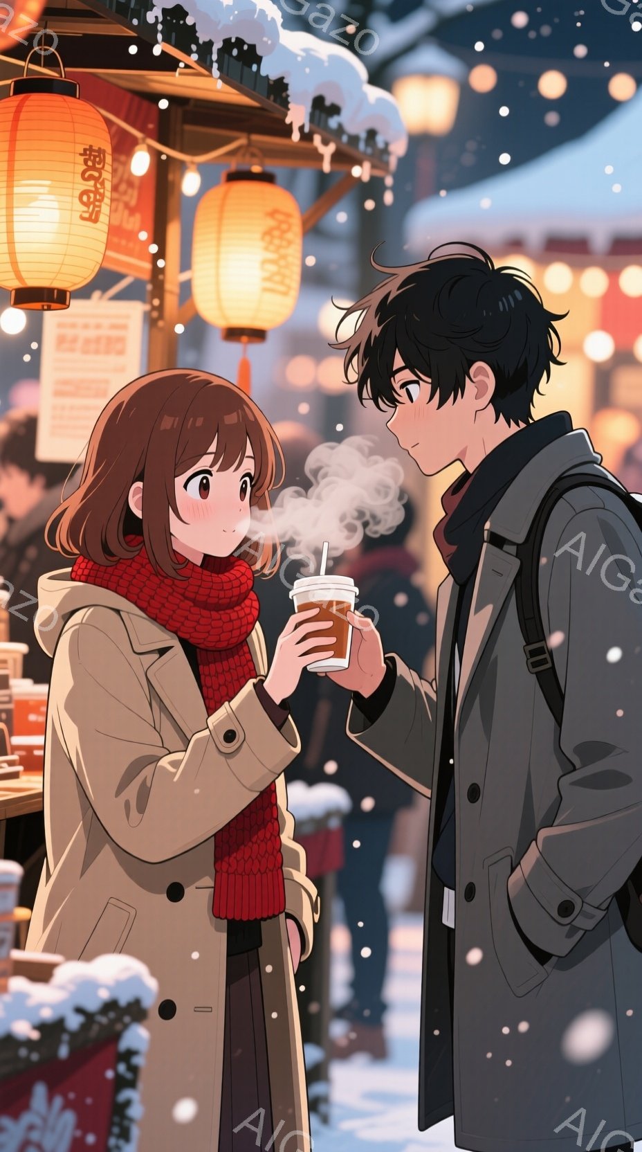 雪が降る冬の夜、暖かい飲み物を手にした若い女性と男性が会話をしている様子が描かれています。女性は赤いスカーフとベージュのコートを着ており、男性は黒いコートとバックパックを背負っています。背景には提灯が吊り下げられ、雪が積もった屋根と建物が見えます。雪が降りしきる中、二人は温かい飲み物を楽しんでおり、冬の夜の静けさと暖かさが感じられます。