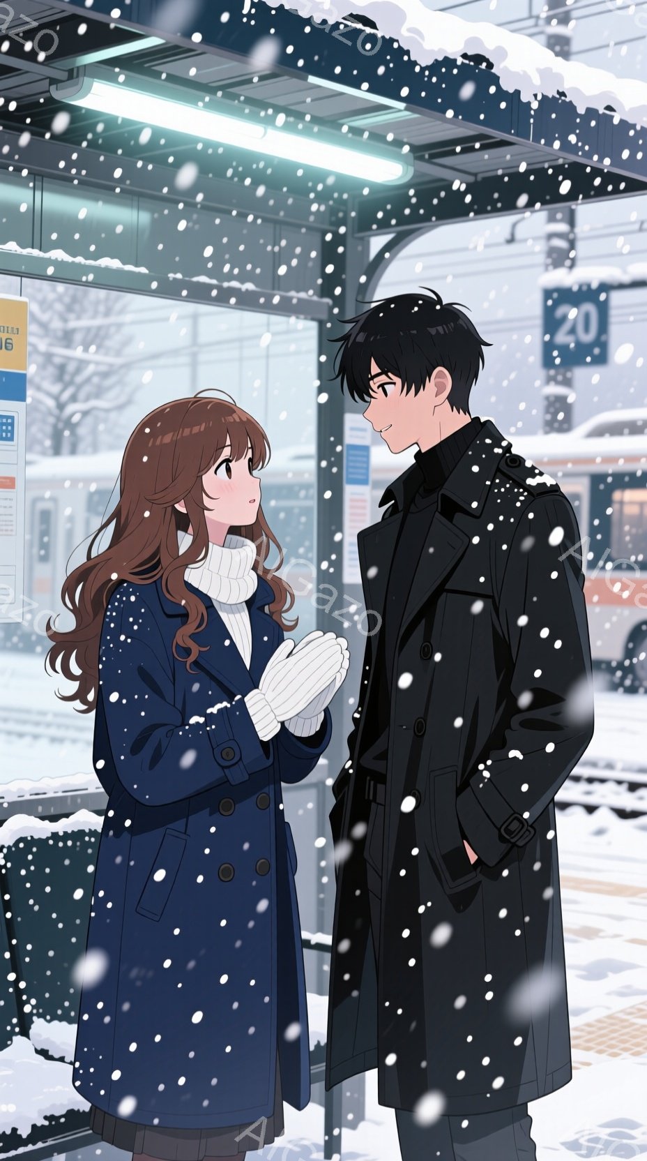雪が降る駅のプラットフォームで、二人のキャラクターが会話をしている様子が描かれています。女性は長い茶色の髪を持ち、青いコートと白いニット帽を着用し、手袋をはめています。男性は黒いコートを着ており、手を - AI生成フリー素材
