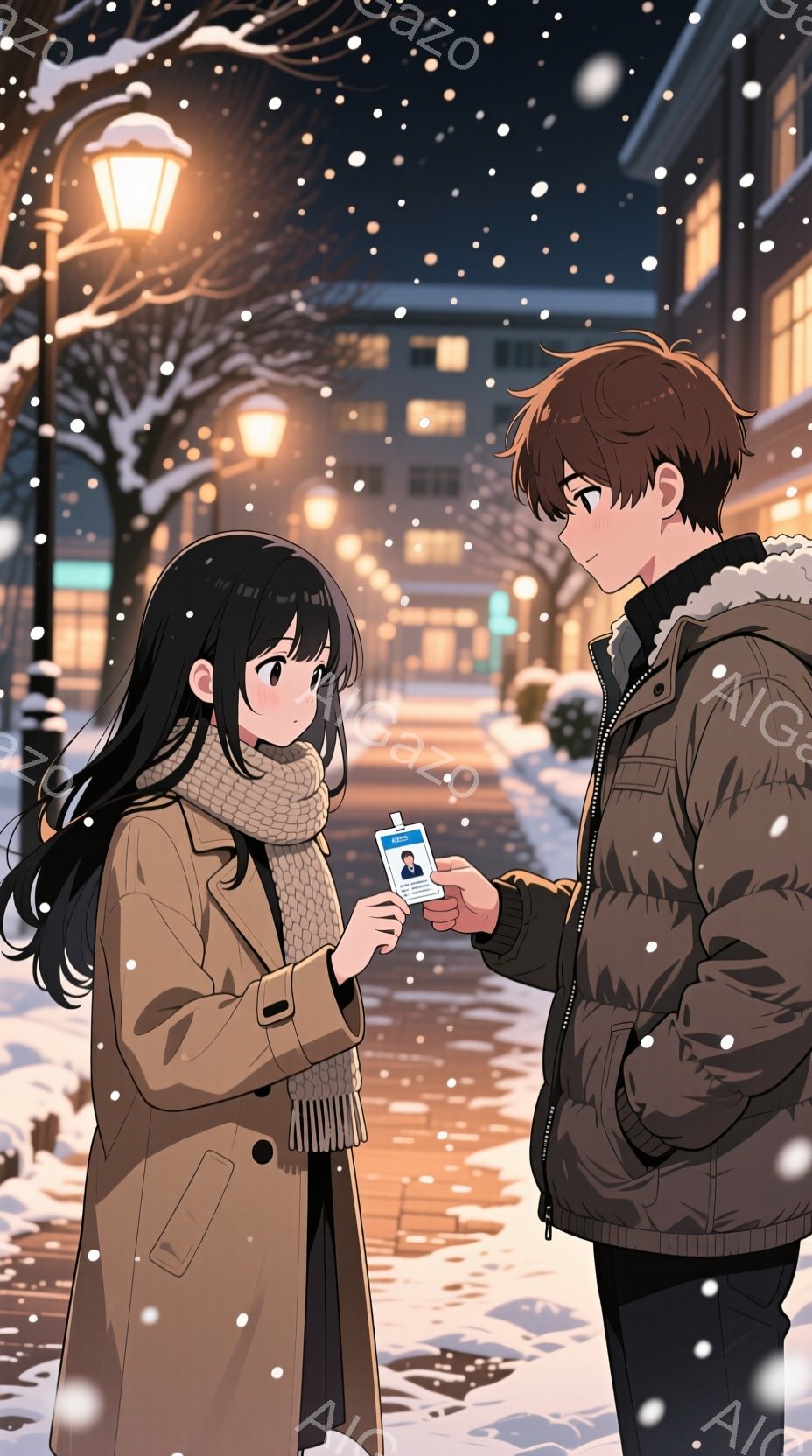 雪が降る冬の夜、街灯の光が暖かく照らす通りで、二人のキャラクターが会話をしている様子が描かれています。女性は長い黒髪で、茶色のコートと白いスカーフを着ており、男性は茶色のジャケットを着ています。女性は男性に名刺を渡そうとしており、男性はそれを受け取ろうとしています。背景には雪に覆われた木々と建物があり、街灯の光が雪の光を反射させています。