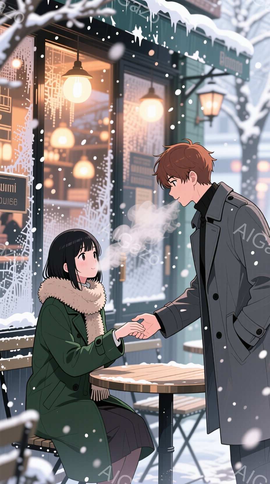 雪が降る冬の街角で、男性と女性が手を握っている。男性は茶色の髪で、黒いコートを着ており、女性は黒髪で緑色のコートを着ている。背景には雪に覆われた木々と、暖かい光が差し込むカフェの窓が見える。雪が降りしきり、二人は温かい雰囲気の中で手を握っている。