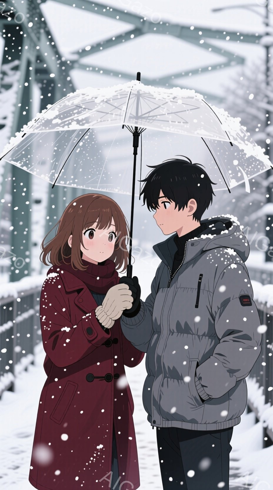 雪が降る冬の日に、赤いコートを着た女性と、灰色のジャケットを着た男性が傘の下に立っています。女性は茶色の髪で、赤いコートとマフラーを着用し、男性は黒い髪で、灰色のジャケットを着ています。二人はお互いを - AI生成フリー素材