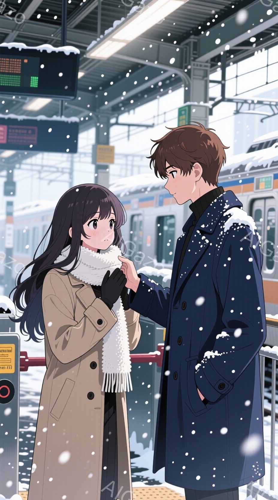 雪が降る駅のプラットフォームで、二人のキャラクターが会話をしている様子が描かれています。女性は長い黒髪で、白いフリルのスカーフとベージュのコートを着ており、男性は茶色の髪で、青いコートを着ています。二人は互いに手を握り、温かい表情で向き合っています。背景には雪に覆われた電車と駅の構造物が見えます。