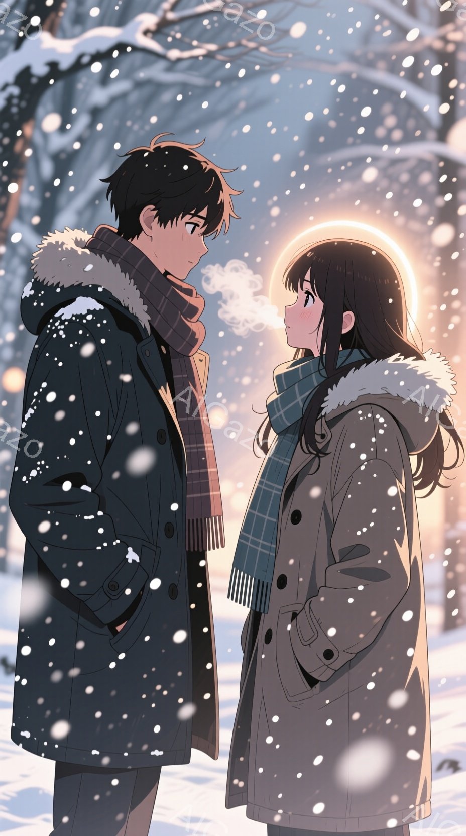 雪が降る冬の公園で、二人の若者が会話をしている様子が描かれています。男性は黒い髪で、茶色のチェック柄のスカーフを巻き、黒いコートを着ています。女性は長い黒髪で、青いチェック柄のスカーフを巻き、グレーのコートを着ています。二人は互いに向き合っており、女性は男性を見つめ、男性は女性を見つめています。背景には雪が積もった木々と、雪が降る光景が描かれており、暖かみのある光が差し込んでいます。