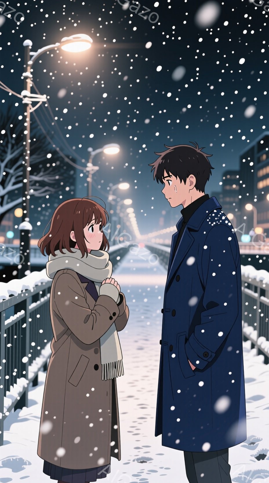 雪が降る夜の街並みで、二人のキャラクターが並んで立っています。女性は茶色の髪で、暖かいコートとスカーフを着ており、手を組んで寒さを防ぎながら微笑んでいます。男性は黒い髪で、青いコートを着ており、女性を見つめながら静かに話している様子です。背景には雪に覆われた木々と街灯があり、遠くには建物が見えます。