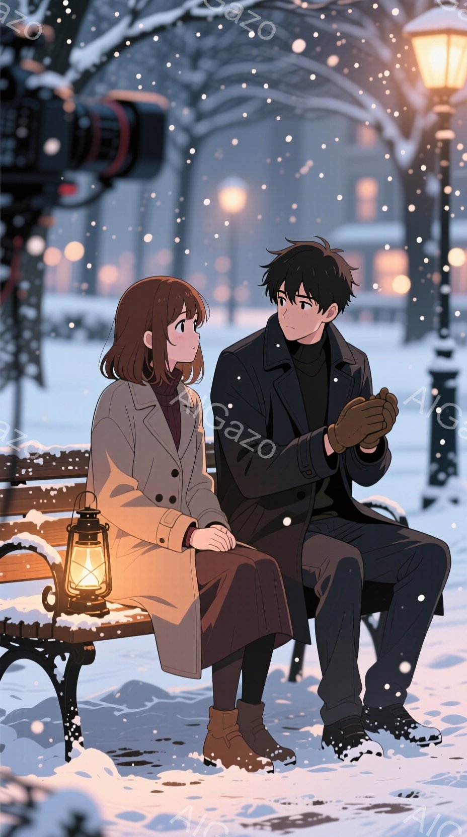 雪が降る公園のベンチに座っている二人のキャラクターが描かれています。女性は茶色のショートヘアで、茶色のコートを着ており、男性は黒いコートを着ています。二人とも微笑んでおり、お互いを見つめています。背景には雪に覆われた木々と街灯があり、暖かい光が灯っています。