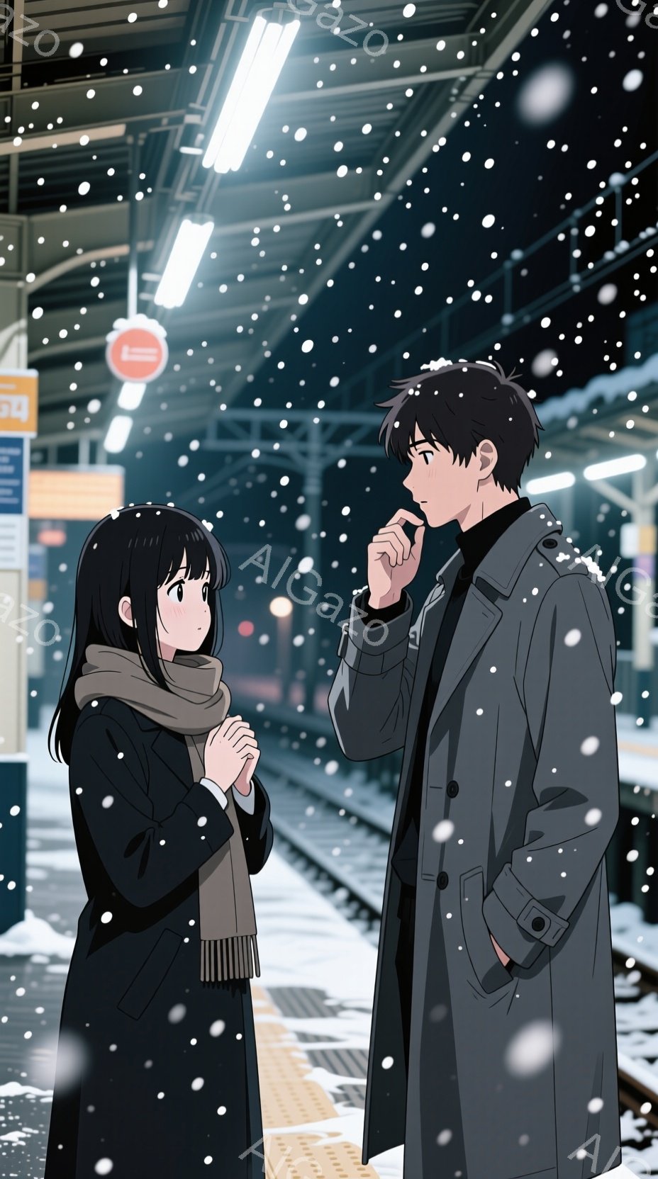 雪が降る夜の駅で、二人のキャラクターが会話をしている様子が描かれています。女性は黒いコートとマフラーを着ており、男性は長いグレーのコートを着ています。二人とも真剣な表情をしており、女性は手を合わせて話 - AI生成フリー素材