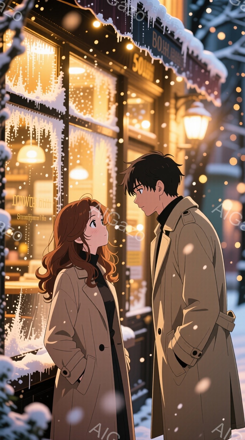 雪が降る冬の街角で、二人のカップルが会話をしている様子が描かれています。女性は長い茶色の髪を持ち、茶色のコートを着ており、男性は黒い髪で、ベージュのコートを着ています。二人とも微笑んでおり、互いに近づ - AI生成フリー素材