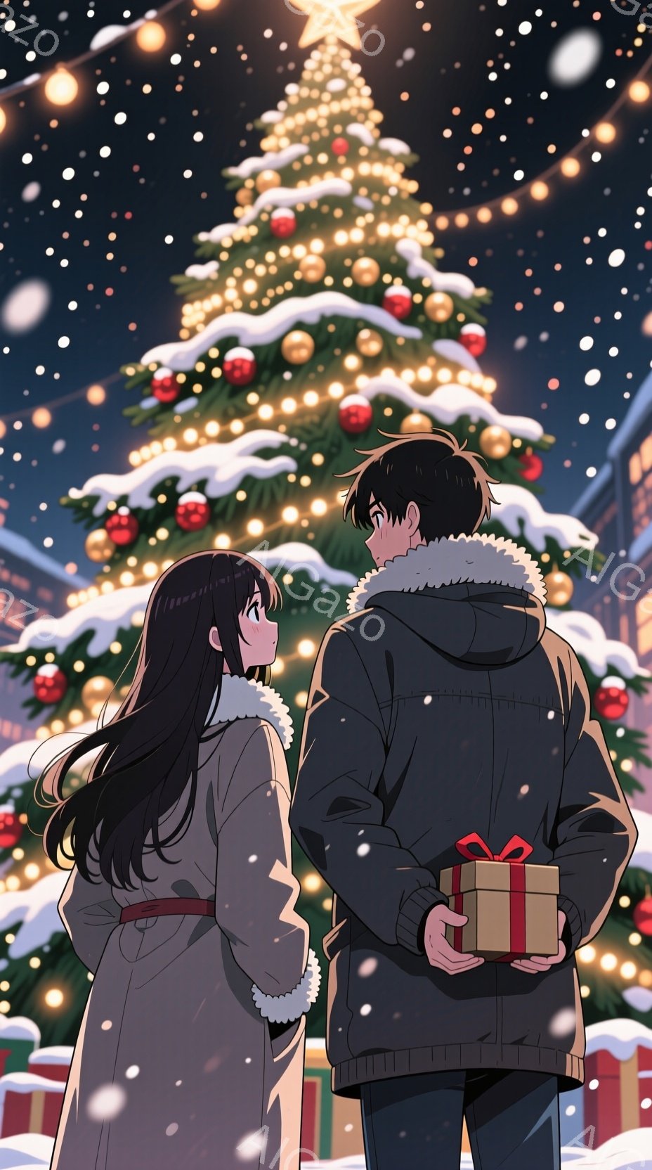 クリスマスツリーの前で、雪が降る夜のシーンが描かれています。男性は黒いジャケットを着ており、背中を向けています。女性は長い黒髪で、茶色のコートを着ています。彼女は男性を見つめ、微笑んでいるように見えます。背景には雪に覆われたクリスマスツリーがあり、その周りには光る装飾が施されています。建物の一部も見え、雪が降っていることがわかります。