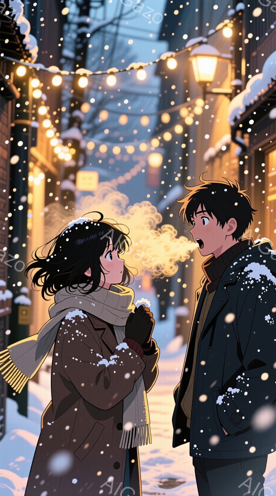 雪が降る冬の街角で、二人の若者が会話をしている様子が描かれています。女性は長い黒髪で、茶色のコートとグレーのスカーフを着ており、男性は黒髪で、黒いジャケットを着ています。二人とも雪が降り積もっている手 - AI生成フリー素材