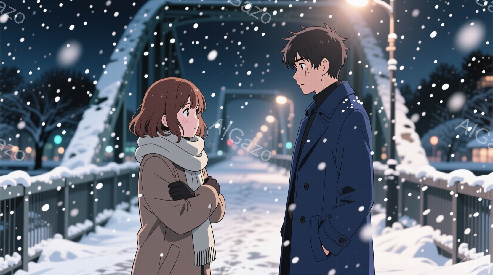 雪が降る夜の橋の上に、二人のキャラクターが立っています。女性は茶色のショートヘアで、白いスカーフと茶色のコートを着ており、腕を組んで表情を浮かべています。男性は黒い髪で、青いコートを着ており、女性を見つめています。背景には雪に覆われた木々と街灯があり、雪が降っている様子が描かれています。