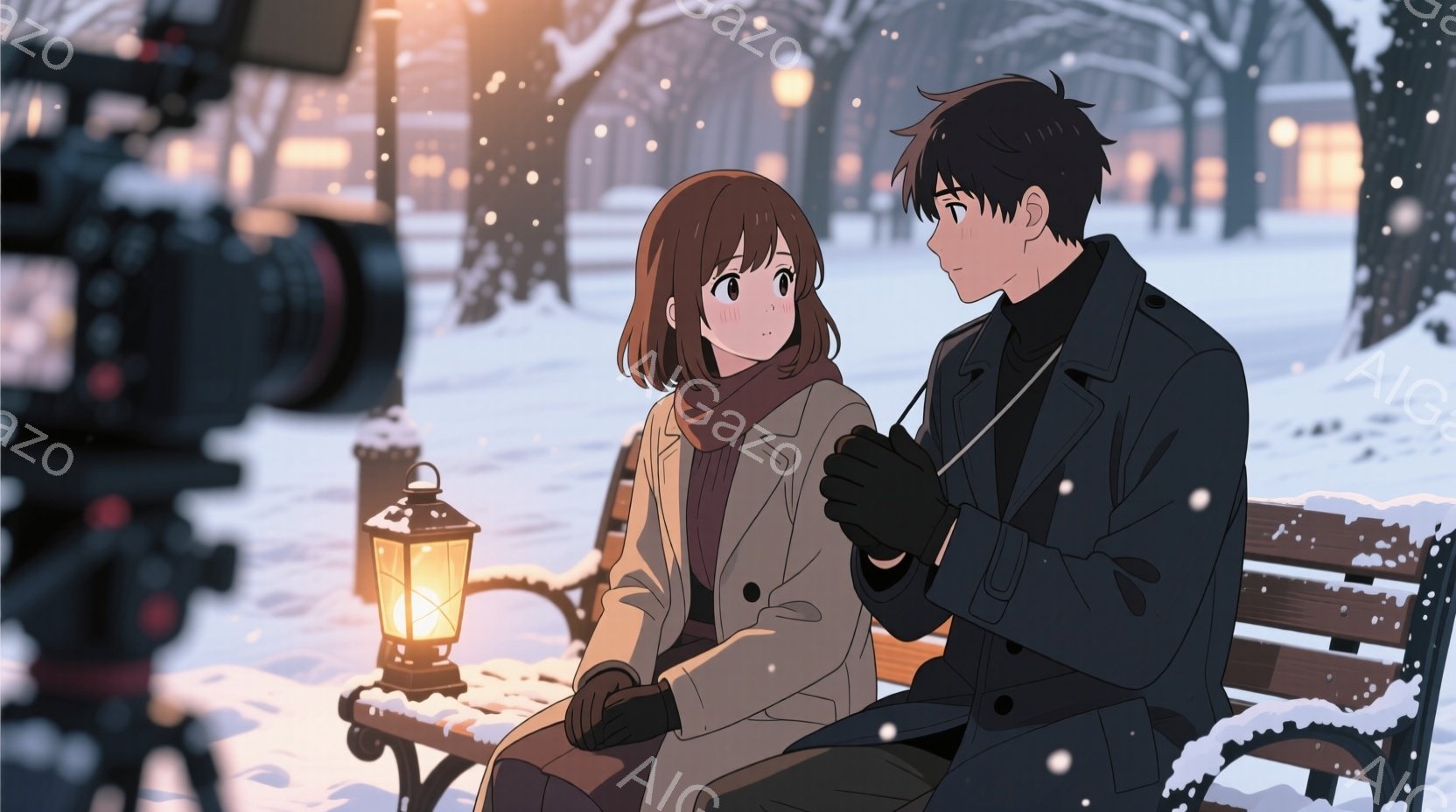 雪が降る公園のベンチに座っている二人のキャラクターが描かれています。女性は茶色のショートヘアで、白いコートと茶色のスカーフを着ており、男性は黒いショートヘアで、黒いコートを着ています。二人は互いに向き合っており、女性は男性を見つめ、男性は女性を見つめています。背景には雪が積もった木々と街灯があり、暖かい光が差し込んでいます。