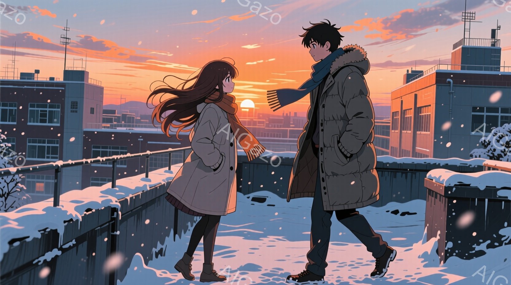 二人のキャラクターが雪に覆われた屋上で会話をしている様子が描かれています。女性は長い茶色の髪を持ち、オレンジ色のスカーフとグレーのコートを着ており、男性は黒い髪で、青いスカーフと茶色のコートを着ていま - AI生成フリー素材