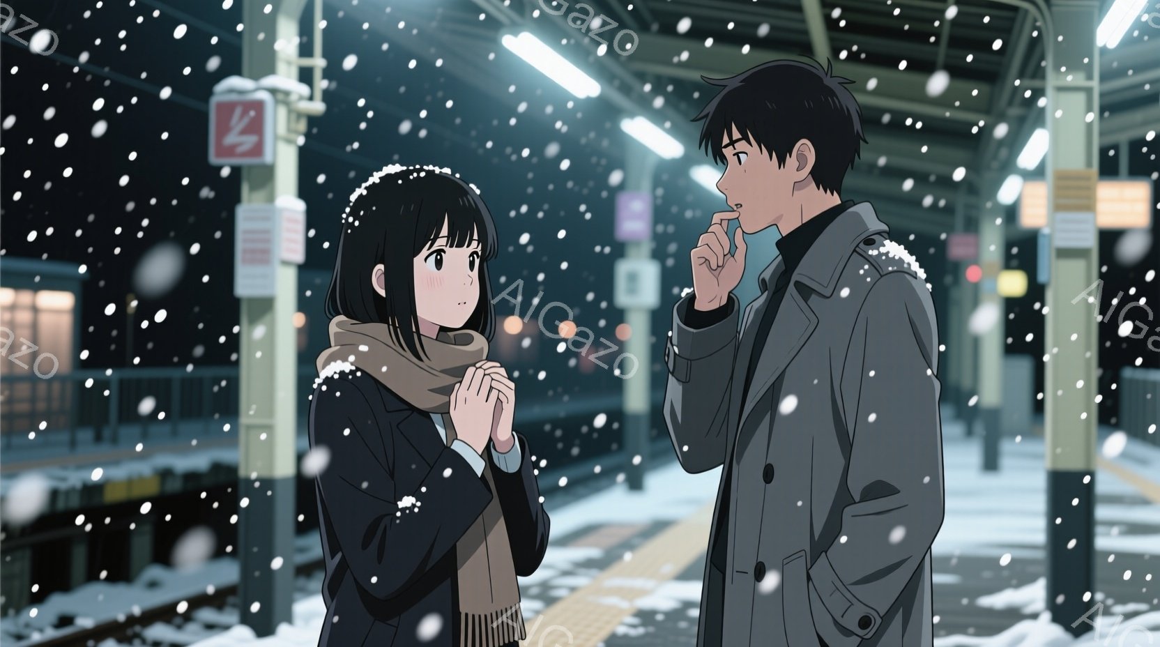 雪が降る夜の駅のプラットフォームで、二人のキャラクターが会話をしている様子が描かれています。女性は黒い髪で、眉が細く、目は大きく、頬には赤みがあります。彼女は黒いコートとベージュのスカーフを着ており、 - AI生成フリー素材