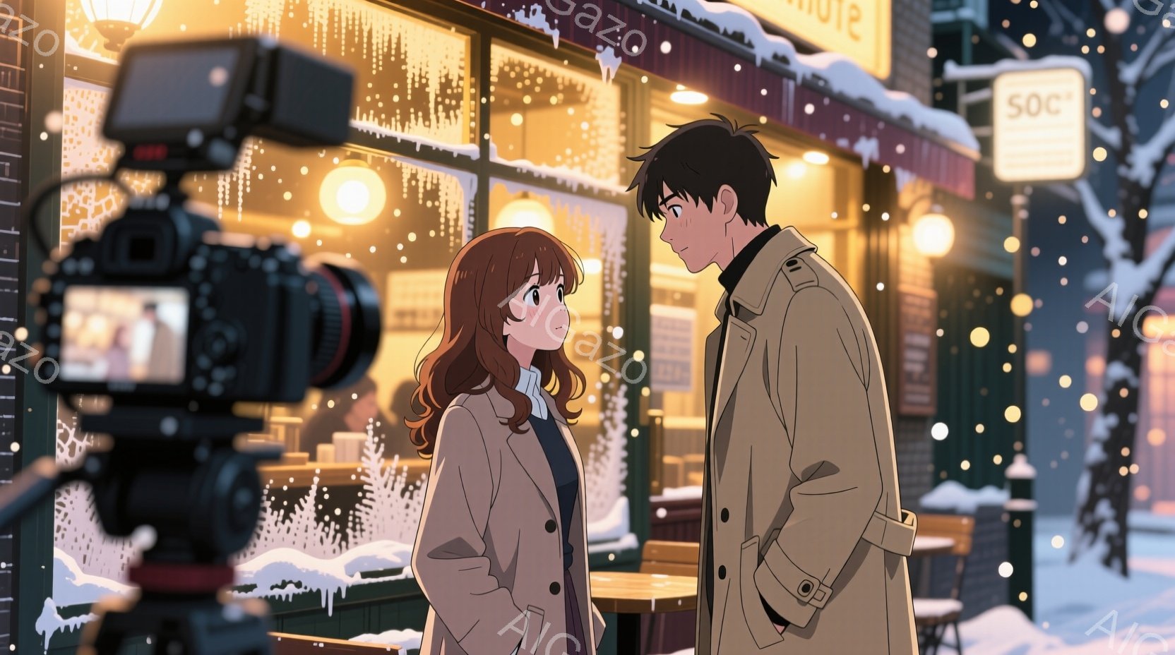 雪が降る冬の街角で、二人のキャラクターが会話をしている様子が描かれています。女性は茶色のロングヘアで、茶色のコートを着ており、男性は黒髪で、ベージュのコートを着ています。背景には雪に覆われた建物があり、窓には雪がついています。街灯の光が暖かみのある色で、冬の夜の静けさと温かさを感じさせます。