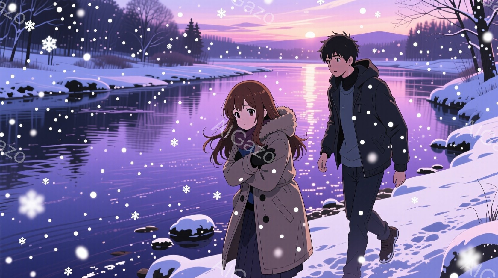 冬の雪景色の中で、二人のキャラクターが湖畔を歩いている。女性は長い茶色の髪を持ち、暖かいコートを着ており、手を組んで寒さを防いでいる。男性は黒いジャケットを着ており、彼の表情は少し心配そうに見える。背景には雪に覆われた木々と静かな湖があり、夕暮れ時の空は紫とピンクのグラデーションで染まっている。
