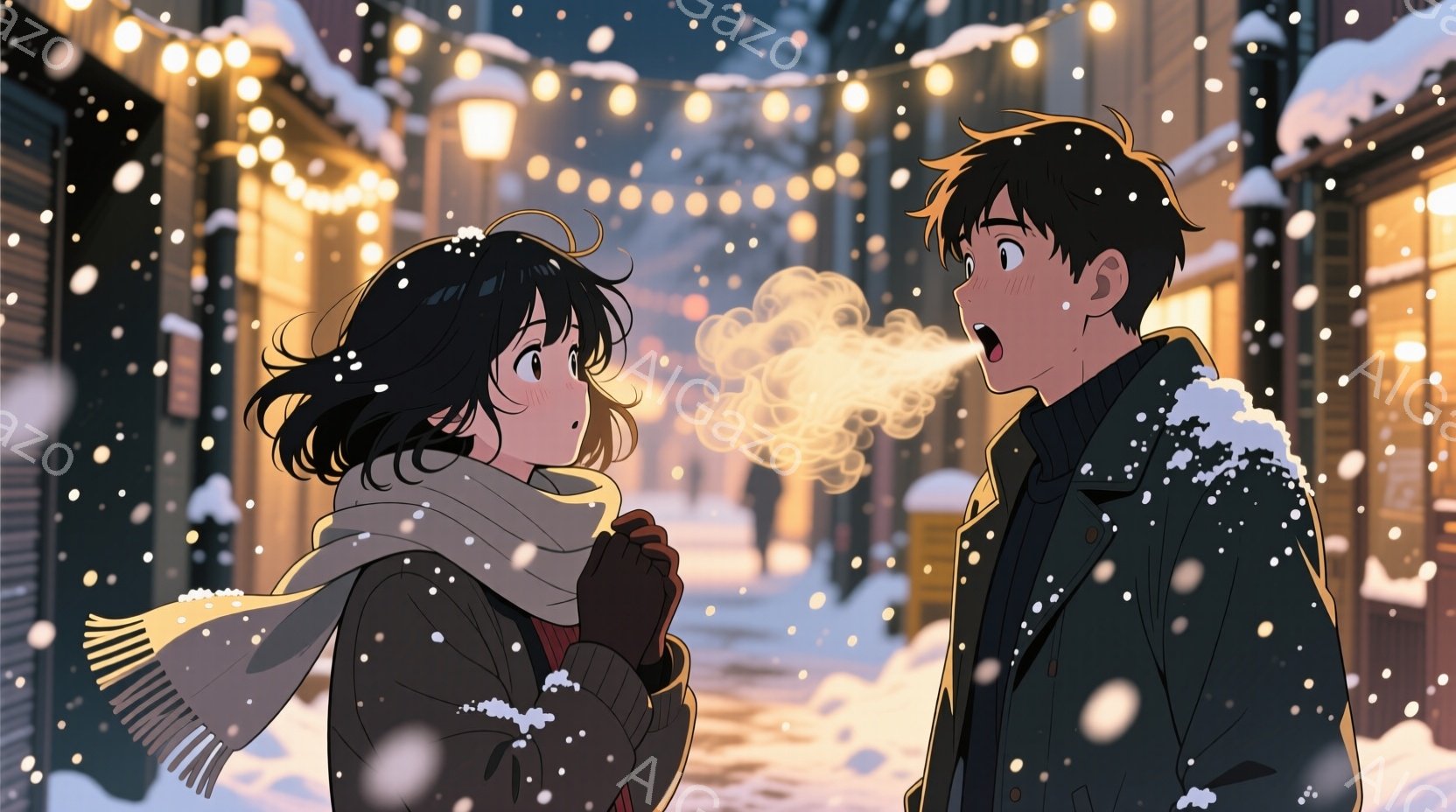 雪が降る冬の夜、二人のキャラクターが街灯の光に照らされた通りを歩いている。女性は黒い髪で、黄色いスカーフを巻き、男性は黒い髪で、両者とも雪に覆われた冬の装いをしている。女性は驚いた表情をしており、男性は口を開けて何かを話そうとしているようだ。