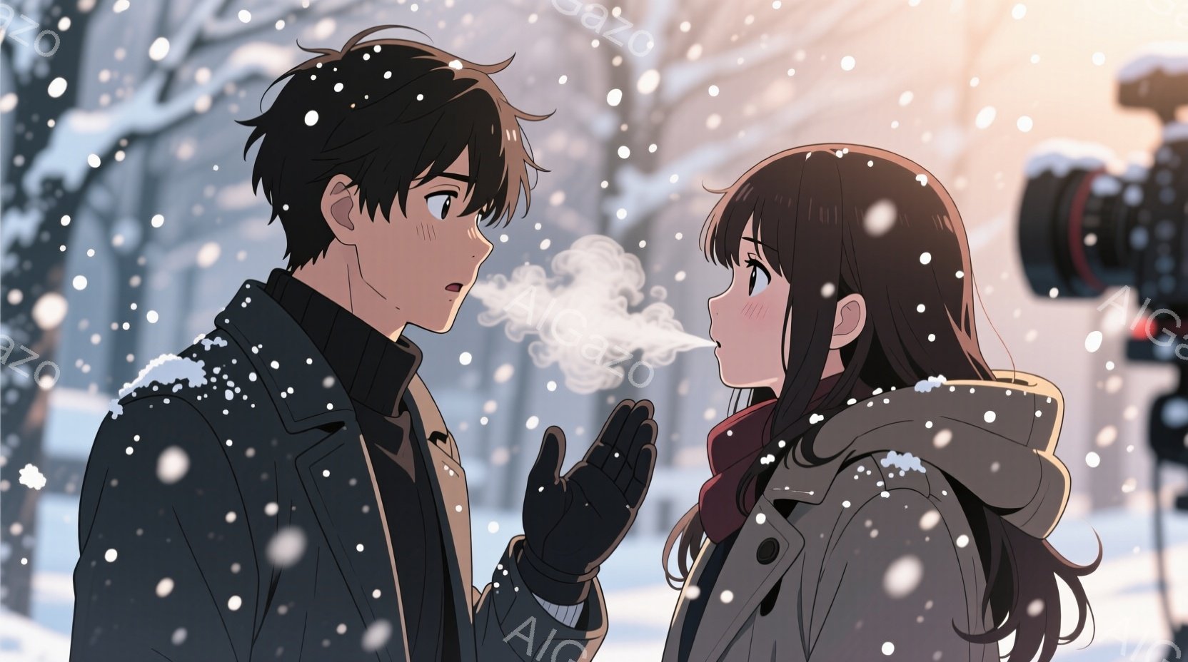 雪が降る冬の公園で、男性と女性が会話をしている様子が描かれています。男性は黒い髪で、黒いジャケットを着ており、女性は長い茶色の髪で、灰色のジャケットを着ています。男性は手を振って女性に話しかけ、女性は微笑んで返事をしているようです。背景には雪が積もった木々と、遠くに写真機が見えます。