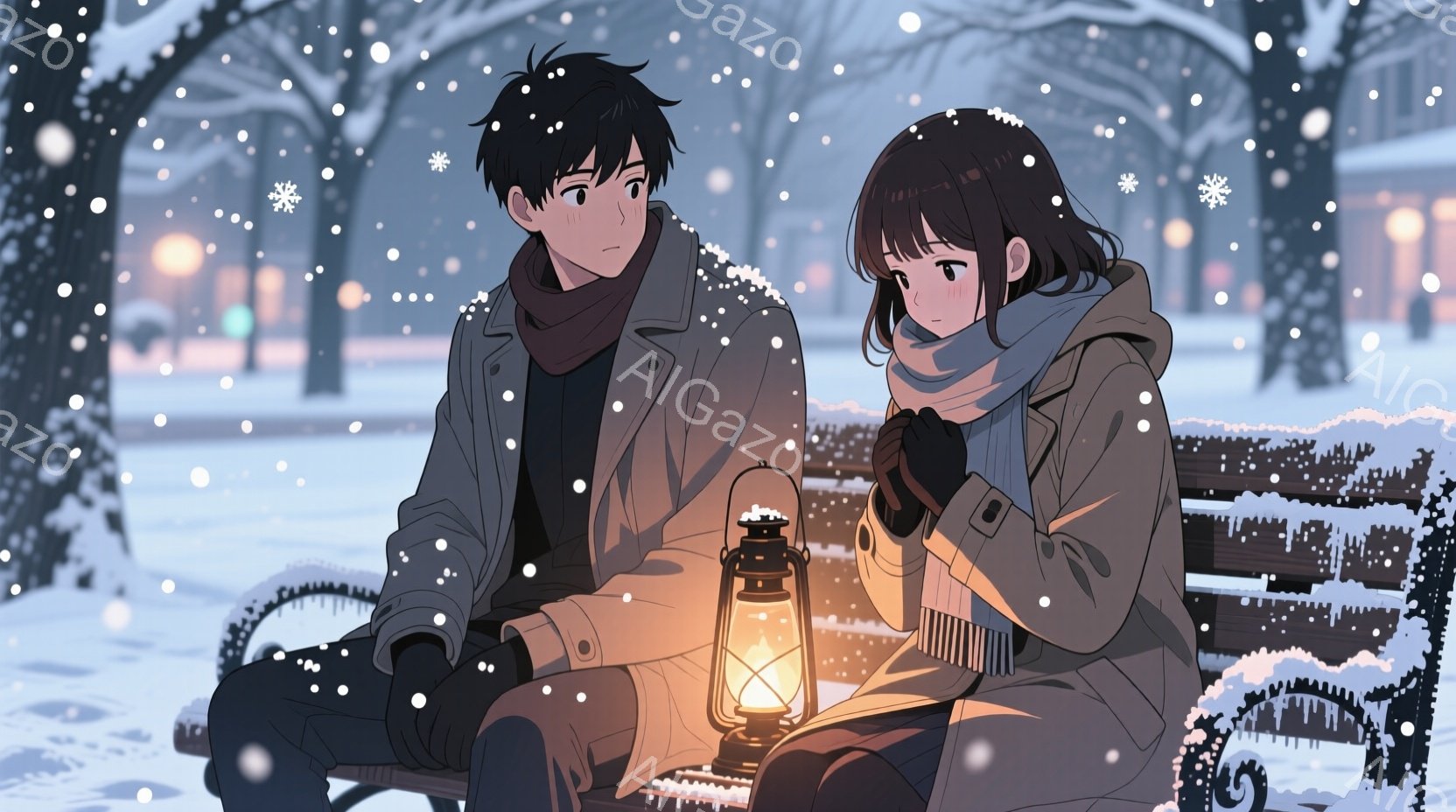 雪が降る公園のベンチに座っている二人のキャラクターが描かれています。男性は黒い髪で、灰色のコートとマフラーを着ており、女性は茶色の髪で、ベージュのコートと青いマフラーを着ています。二人とも寒さを防ぐために手袋をはめています。男性は女性を見つめ、女性は少し恥ずかしそうに顔を下ろしています。背景には雪が積もった木々と建物があり、雪が降っている様子が描かれています。