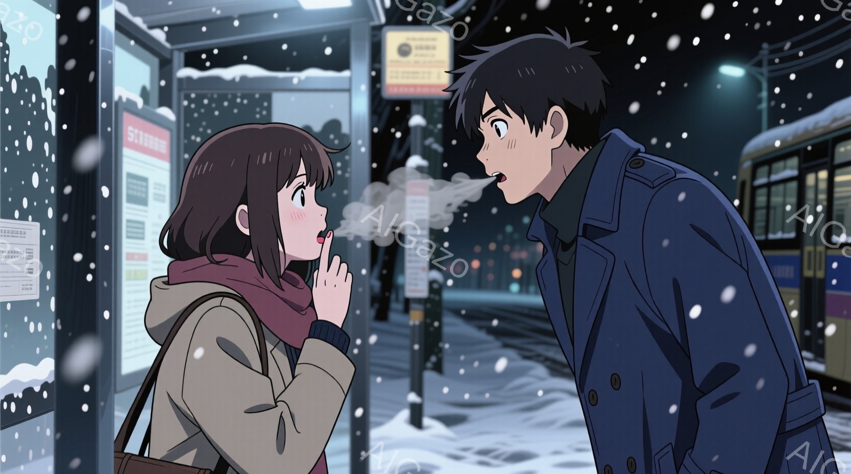 雪が降る夜の街角で、二人のキャラクターが会話をしている様子が描かれています。女性は茶色の髪をショートカットにし、紫色のスカーフとベージュのコートを着用しています。男性は黒い髪を長めにし、青いコートを着ています。女性は指を立てて静かに話そうとしている表情で、男性は驚いたような表情を浮かべています。背景には雪が降り積もったビルや電車が見え、街灯の光が夜の寒さを和らげています。